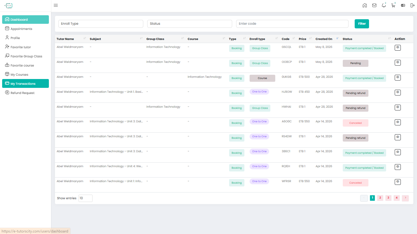 My Transactions Table